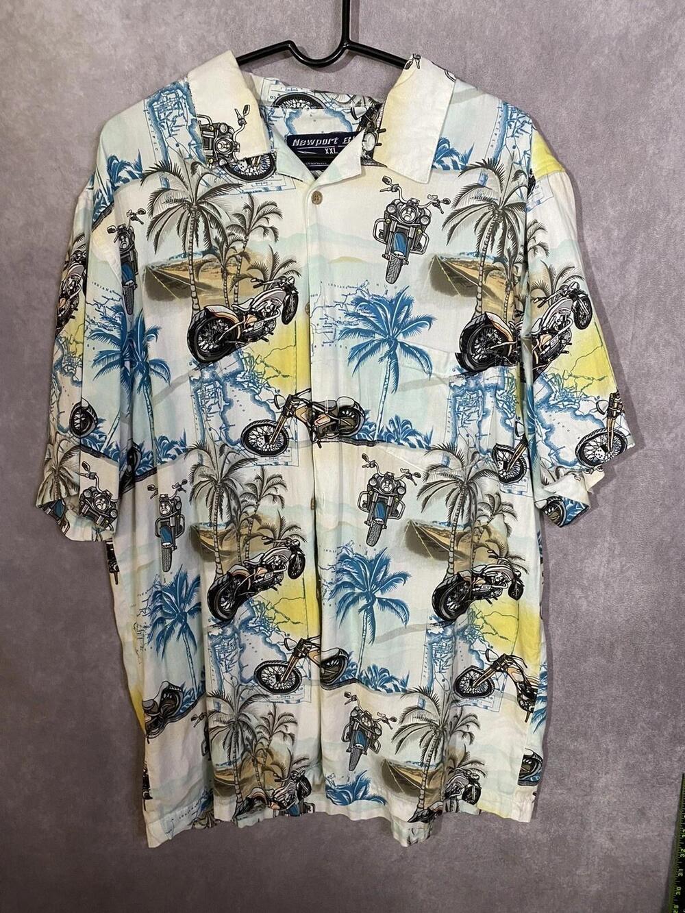Newport Blue Shirt Mens 2XL White Motorcycle Palm Print Button Up Short Sleeve